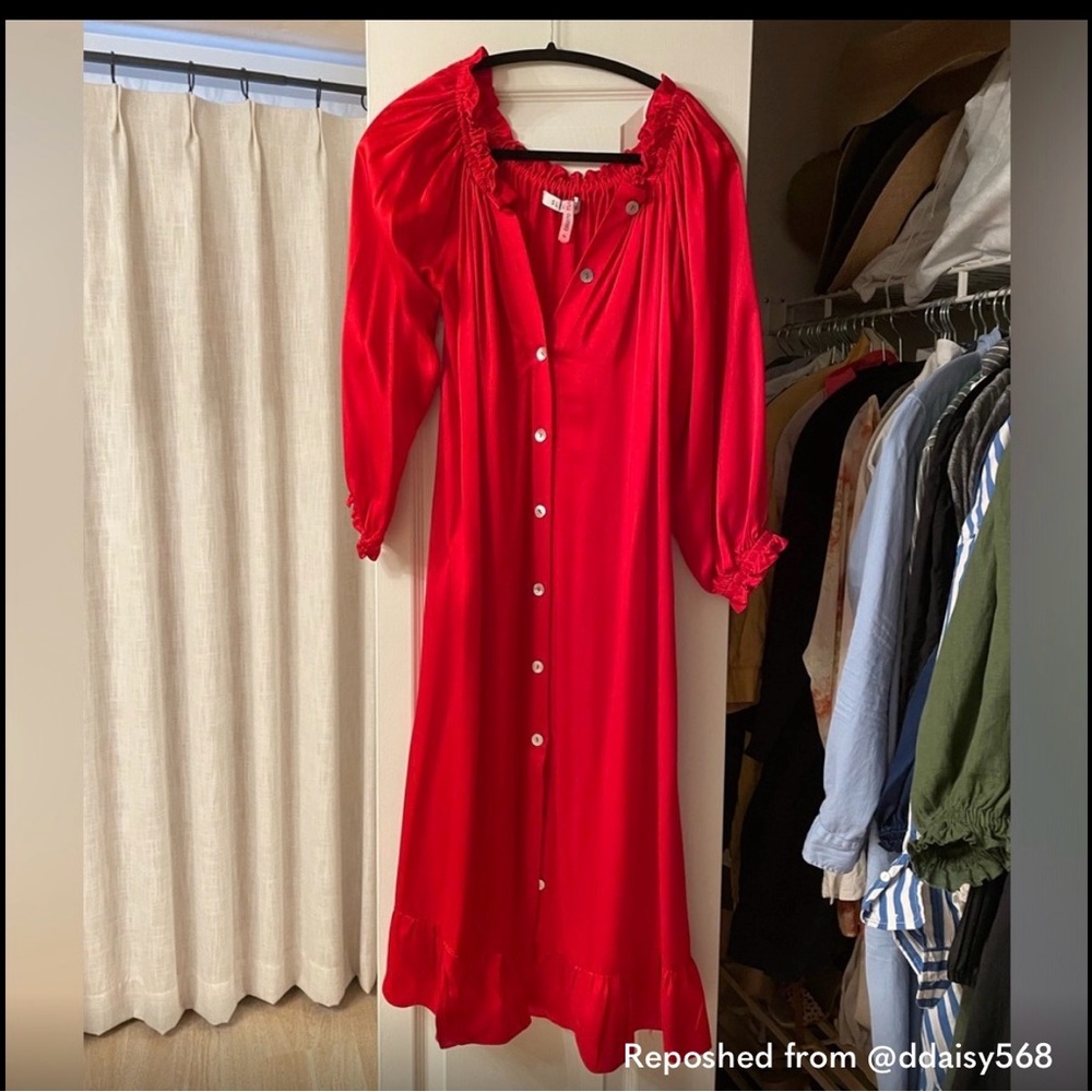 Sleeper red 100% silk mother of pearl button-front sleeved midi dress